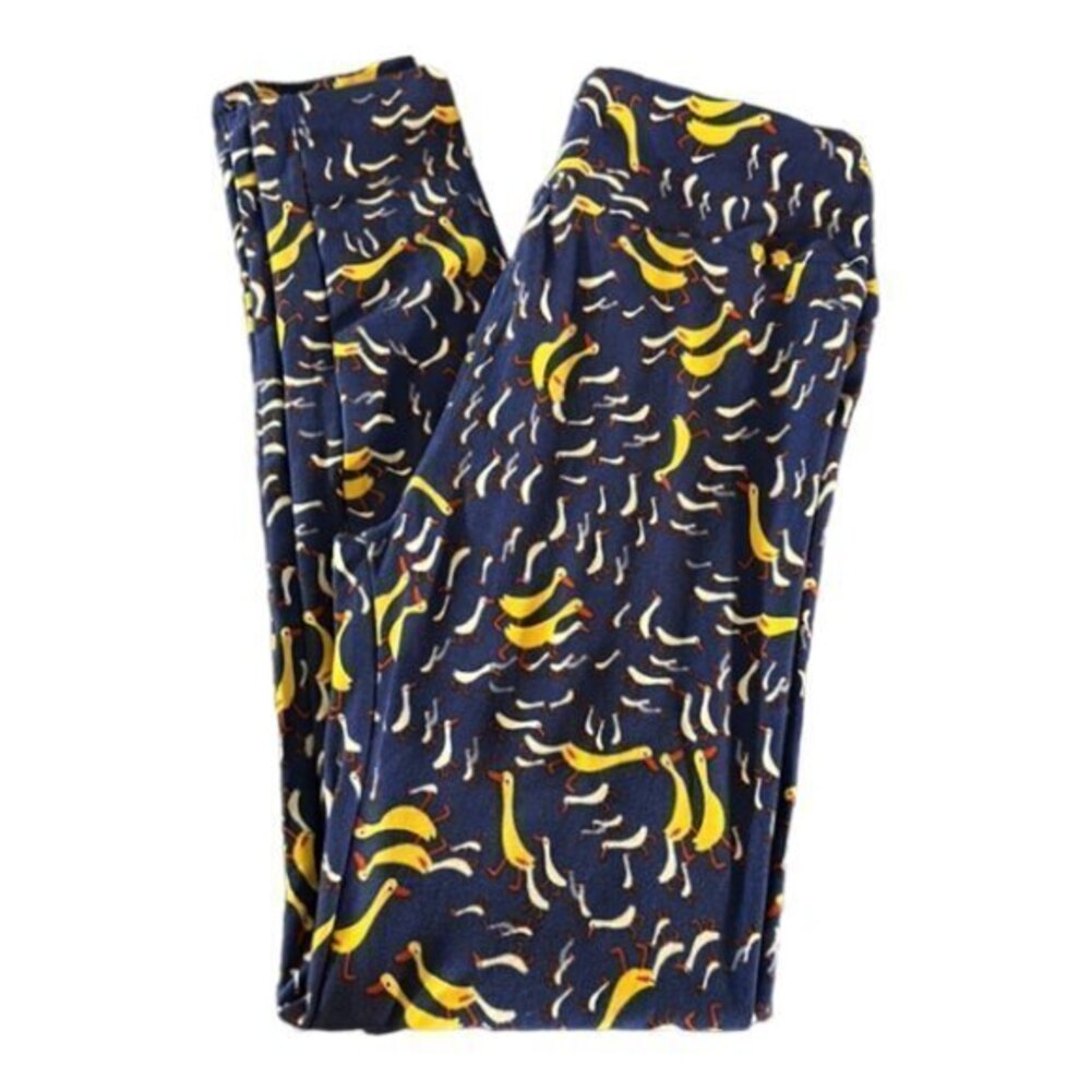 Lularoe Yellow Navy Blue Ducks Leggings One Size EUC #4392 JEEP